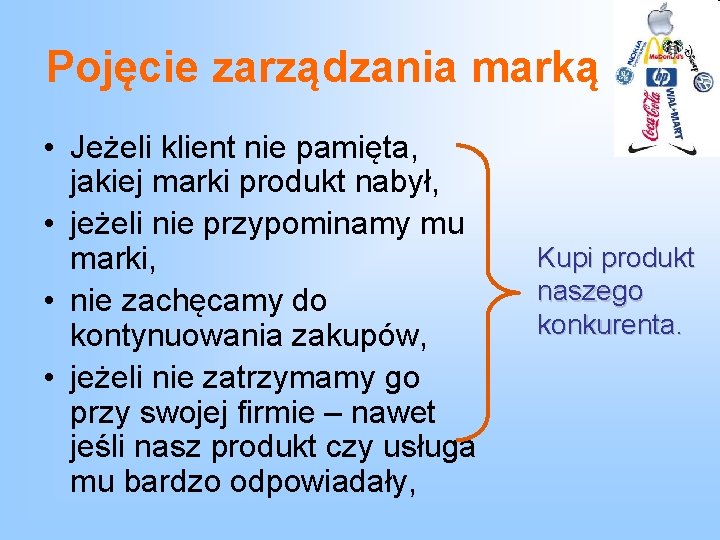 Pojęcie zarządzania marką • Jeżeli klient nie pamięta, jakiej marki produkt nabył, • jeżeli