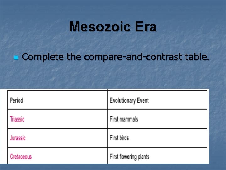 Mesozoic Era n Complete the compare-and-contrast table. n PERIODS OF THE MESOZOIC ERA 
