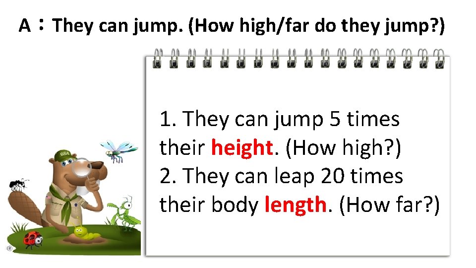 A：They can jump. (How high/far do they jump? ) 1. They can jump 5
