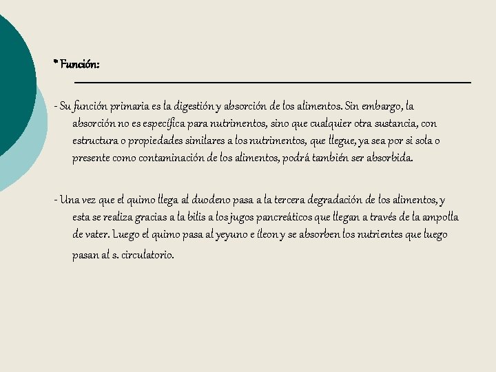 * Función: - Su función primaria es la digestión y absorción de los alimentos.