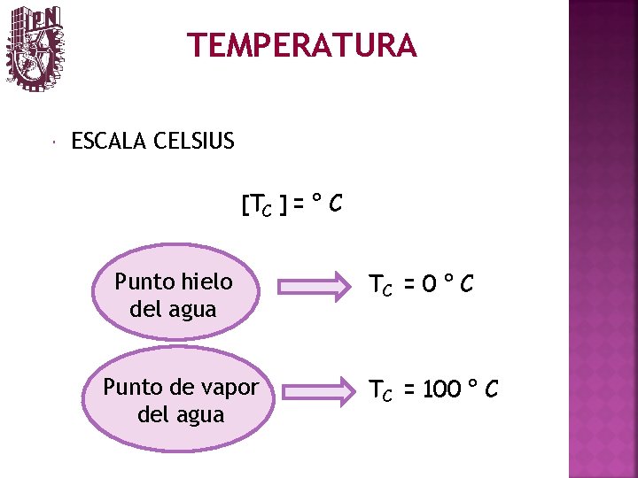 TEMPERATURA ESCALA CELSIUS [TC ] = ° C Punto hielo del agua Punto de