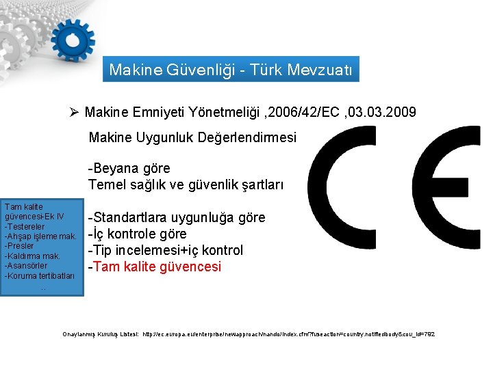 Makine Güvenliği - Türk Mevzuatı Ø Makine Emniyeti Yönetmeliği , 2006/42/EC , 03. 2009