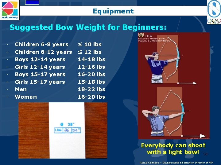 Equipment Suggested Bow Weight for Beginners: - Children 6 -8 years Children 8 -12