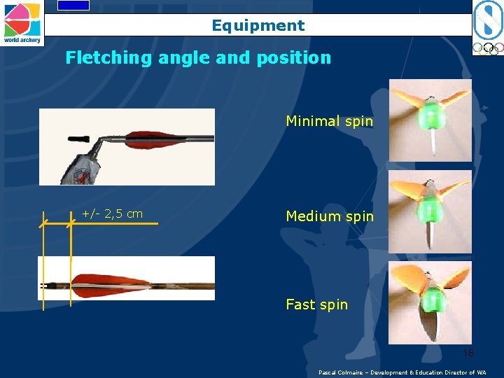 Equipment Fletching angle and position Minimal spin +/- 2, 5 cm Medium spin Fast