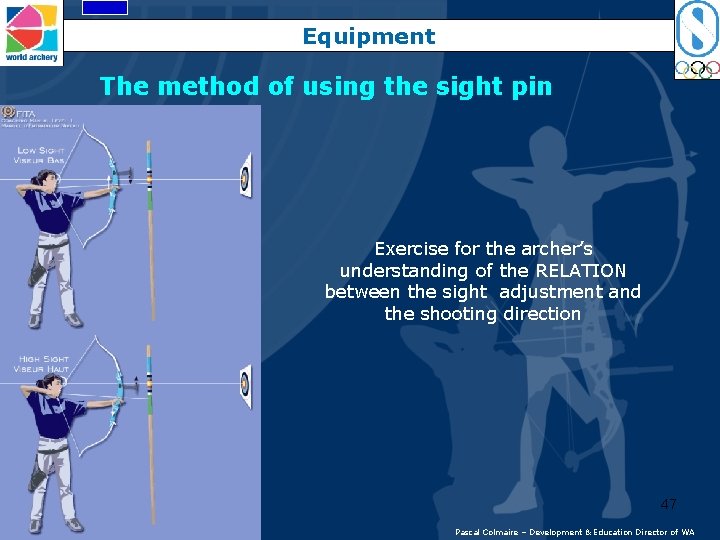 Equipment The method of using the sight pin Exercise for the archer’s understanding of
