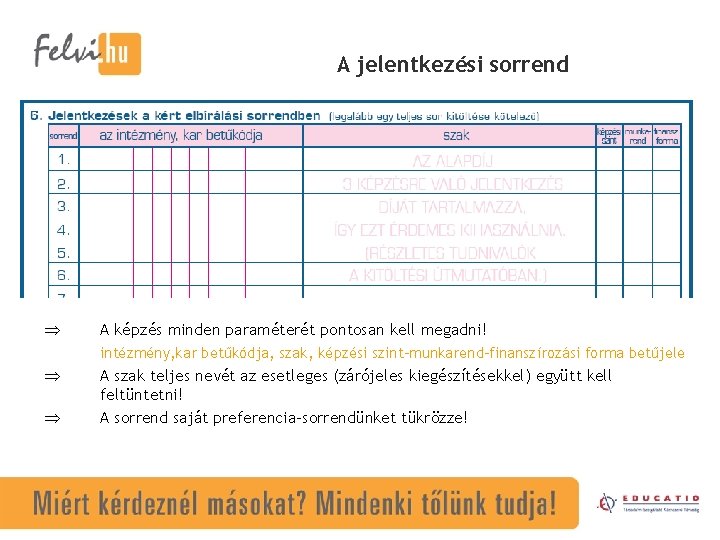 A jelentkezési sorrend Þ A képzés minden paraméterét pontosan kell megadni! intézmény, kar betűkódja,