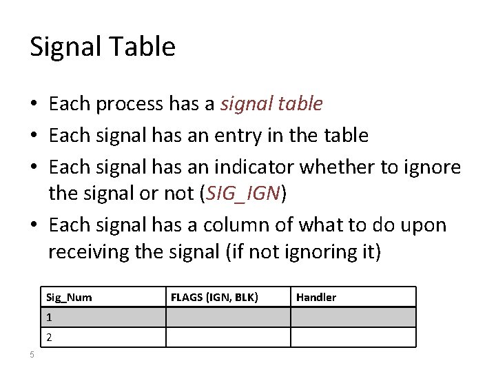 Signal Table • Each process has a signal table • Each signal has an