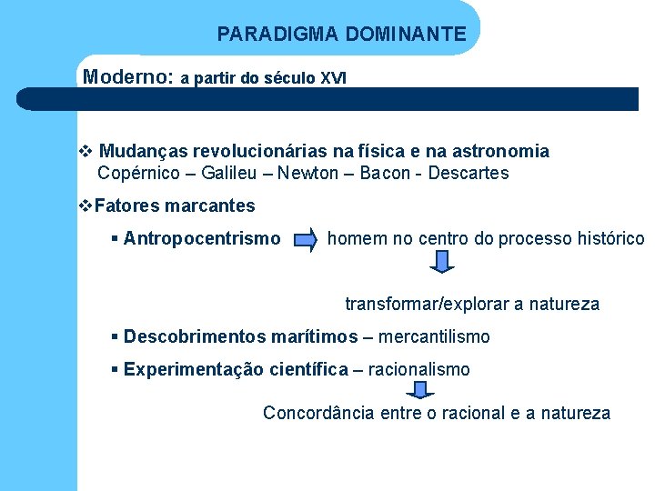 PARADIGMA DOMINANTE Moderno: a partir do século XVI v Mudanças revolucionárias na física e