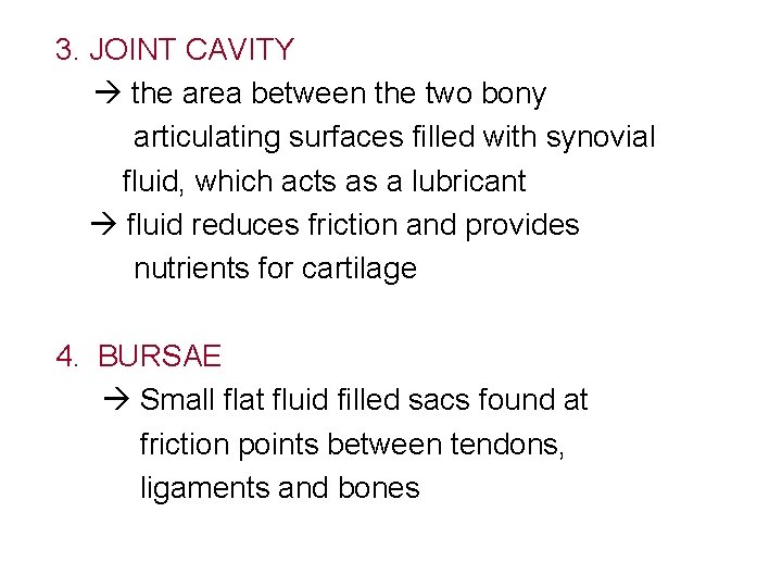 3. JOINT CAVITY the area between the two bony articulating surfaces filled with synovial