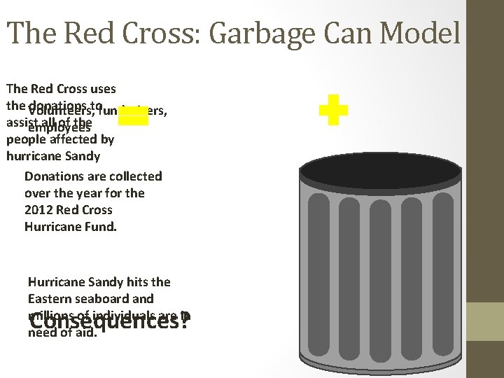 The Red Cross: Garbage Can Model The Red Cross uses the Volunteers, donations tofundraisers, The Red Cross: Garbage Can Model The Red Cross uses the Volunteers, donations tofundraisers,