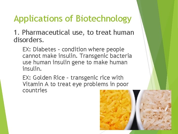 Applications of Biotechnology 1. Pharmaceutical use, to treat human disorders. EX: Diabetes – condition