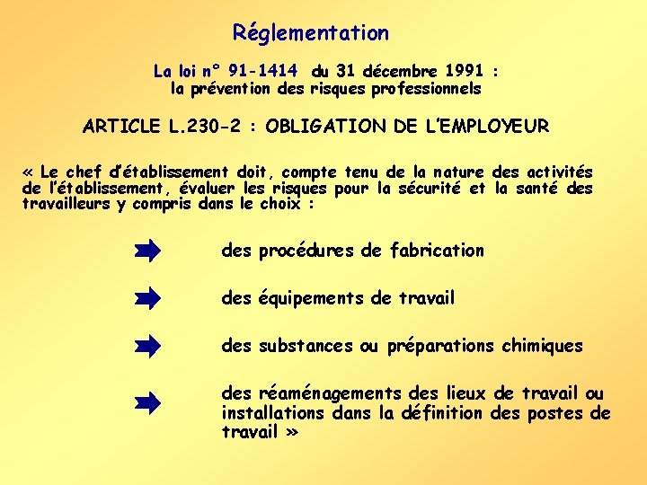 Réglementation La loi n° 91 -1414 du 31 décembre 1991 : la prévention des