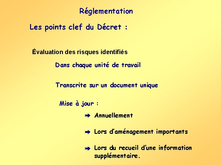 Réglementation Les points clef du Décret : Évaluation des risques identifiés Dans chaque unité