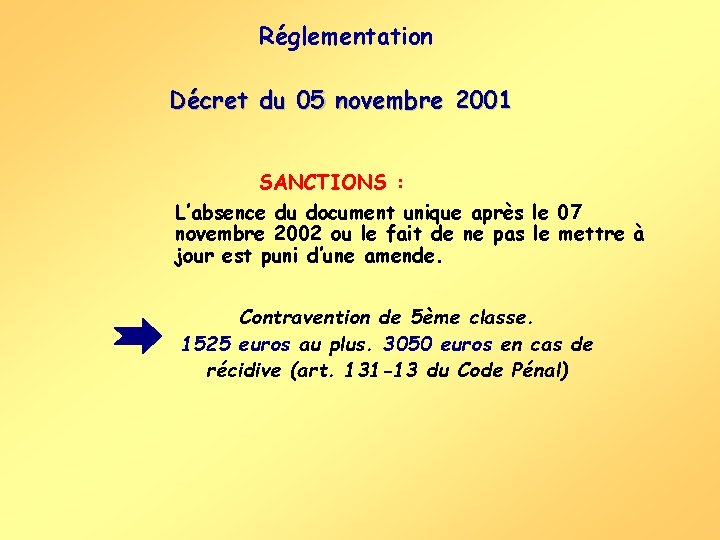 Réglementation Décret du 05 novembre 2001 SANCTIONS : L’absence du document unique après le