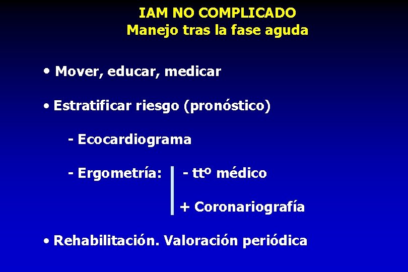 IAM NO COMPLICADO Manejo tras la fase aguda • Mover, educar, medicar • Estratificar