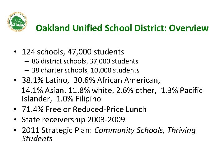 Oakland Unified School District: Overview • 124 schools, 47, 000 students – 86 district