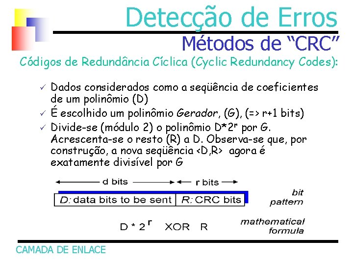 Detecção de Erros Métodos de “CRC” Códigos de Redundância Cíclica (Cyclic Redundancy Codes): ü