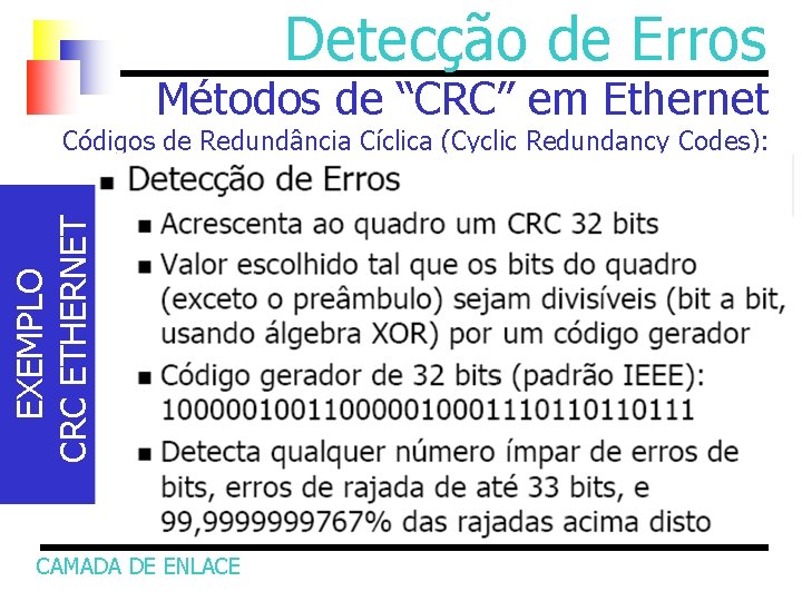 Detecção de Erros Métodos de “CRC” em Ethernet EXEMPLO CRC ETHERNET Códigos de Redundância