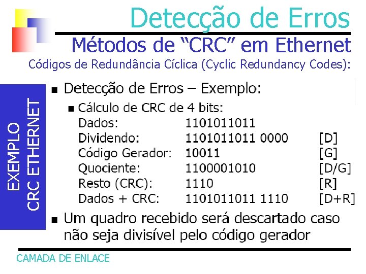 Detecção de Erros Métodos de “CRC” em Ethernet EXEMPLO CRC ETHERNET Códigos de Redundância