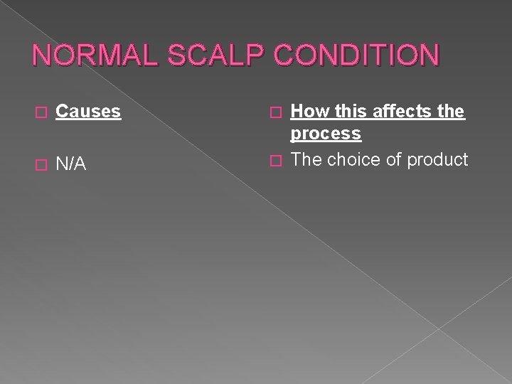 NORMAL SCALP CONDITION � Causes � N/A How this affects the process � The