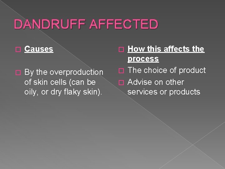 DANDRUFF AFFECTED � Causes � By the overproduction of skin cells (can be oily,