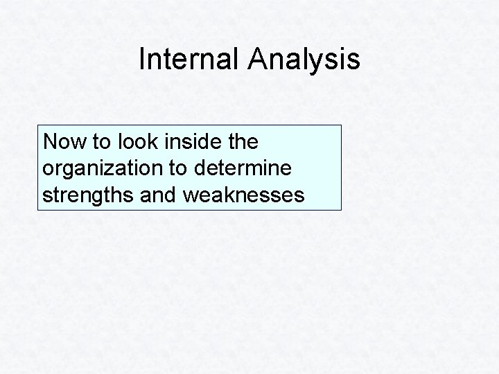 Internal Analysis Now to look inside the organization to determine strengths and weaknesses 