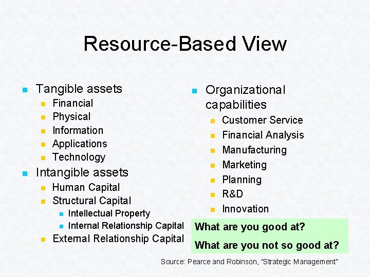 Resource-Based View n Tangible assets n n n n Financial Physical Information Applications Technology