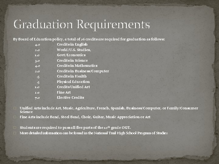 Graduation Requirements By Board of Education policy, a total of 26 credits are required