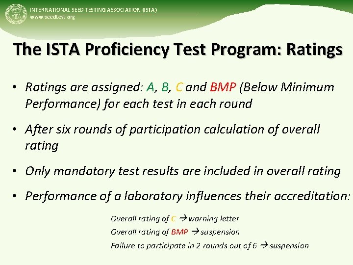 INTERNATIONAL SEED TESTING ASSOCIATION (ISTA) www. seedtest. org The ISTA Proficiency Test Program: Ratings