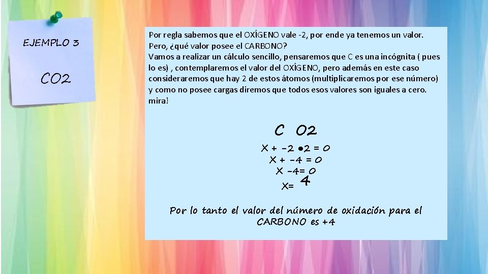 EJEMPLO 3 CO 2 Por regla sabemos que el OXÍGENO vale -2, por ende