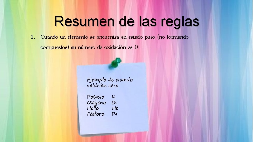 Resumen de las reglas 1. Cuando un elemento se encuentra en estado puro (no