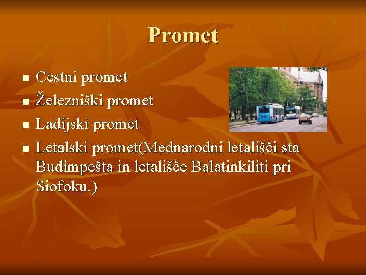 Promet n n Cestni promet Železniški promet Ladijski promet Letalski promet(Mednarodni letališči sta Budimpešta