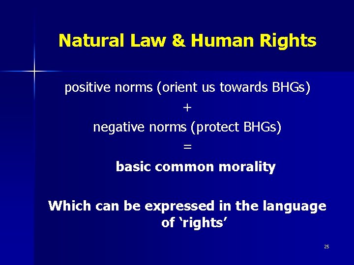Natural Law & Human Rights positive norms (orient us towards BHGs) + negative norms