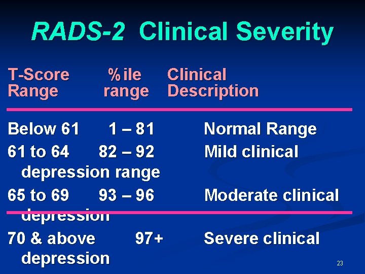RADS-2 Clinical Severity T-Score Range %ile range Below 61 1 – 81 61 to