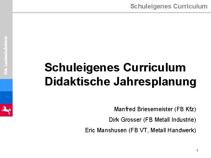  Nds. Landesschulbehörde Schuleigenes Curriculum Didaktische Jahresplanung Manfred Briesemeister (FB Kfz) Dirk Grosser (FB