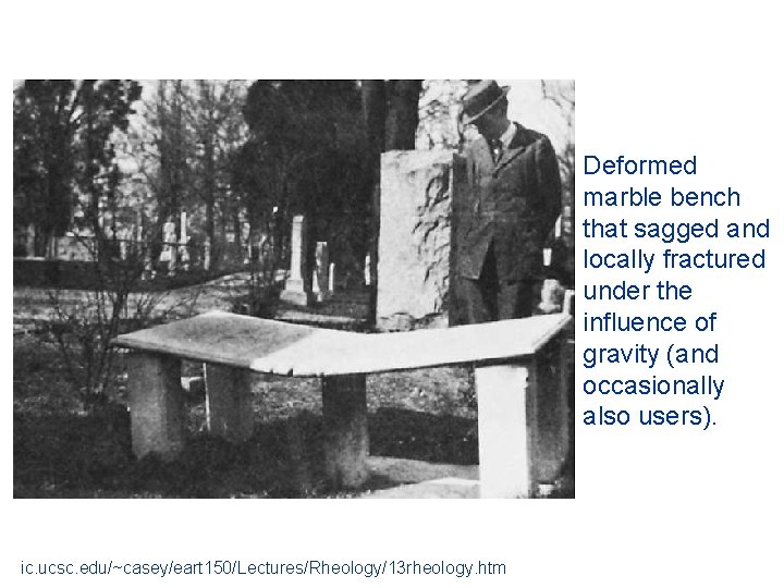 Deformed marble bench that sagged and locally fractured under the influence of gravity (and