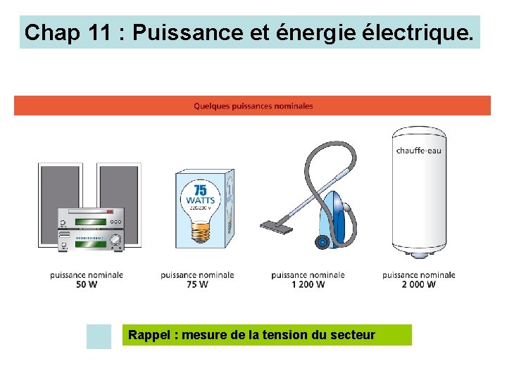 Chap 11 : Puissance et énergie électrique. Rappel : mesure de la tension du Chap 11 : Puissance et énergie électrique. Rappel : mesure de la tension du