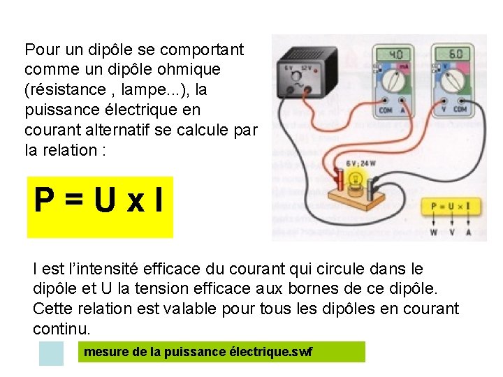 Pour un dipôle se comportant comme un dipôle ohmique (résistance , lampe. . . Pour un dipôle se comportant comme un dipôle ohmique (résistance , lampe. . .