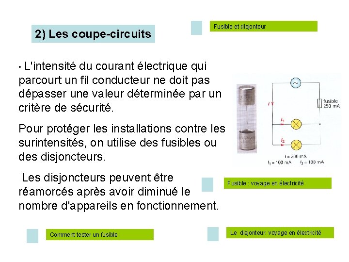 2) Les coupe-circuits Fusible et disjonteur • L'intensité du courant électrique qui parcourt un 2) Les coupe-circuits Fusible et disjonteur • L'intensité du courant électrique qui parcourt un