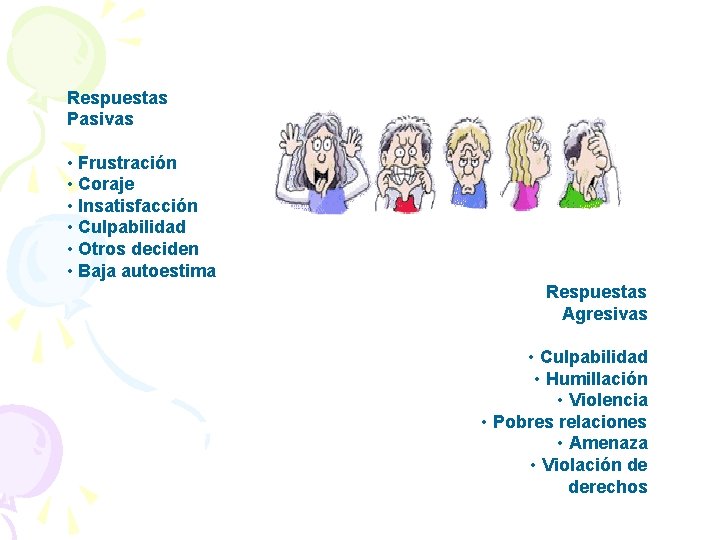 Respuestas Pasivas • Frustración • Coraje • Insatisfacción • Culpabilidad • Otros deciden •