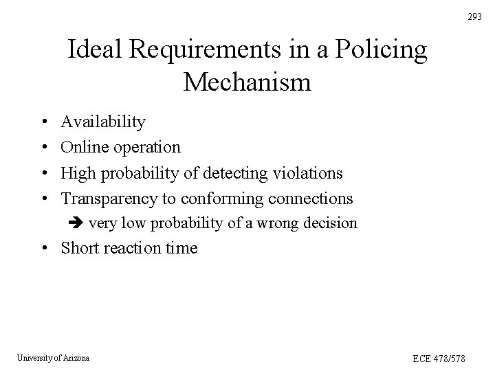 293 Ideal Requirements in a Policing Mechanism • • Availability Online operation High probability 293 Ideal Requirements in a Policing Mechanism • • Availability Online operation High probability