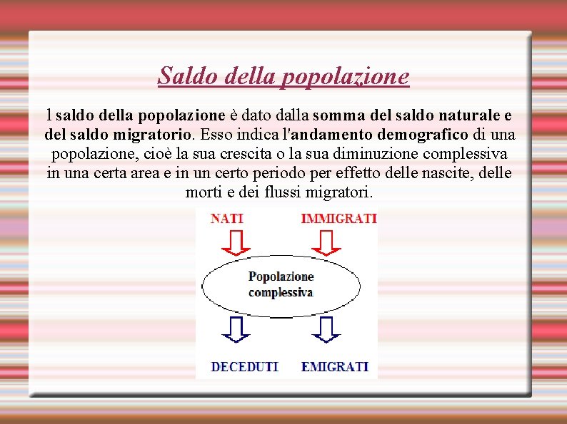 Saldo della popolazione l saldo della popolazione è dato dalla somma del saldo naturale