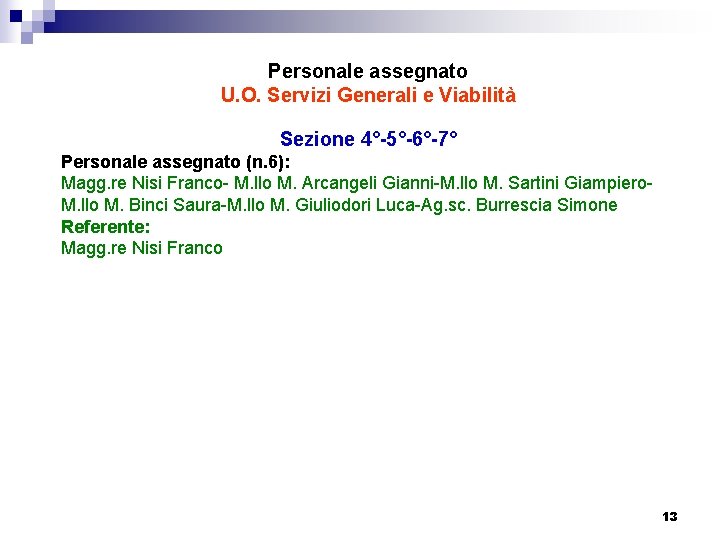 Personale assegnato U. O. Servizi Generali e Viabilità Sezione 4°-5°-6°-7° Personale assegnato (n. 6):