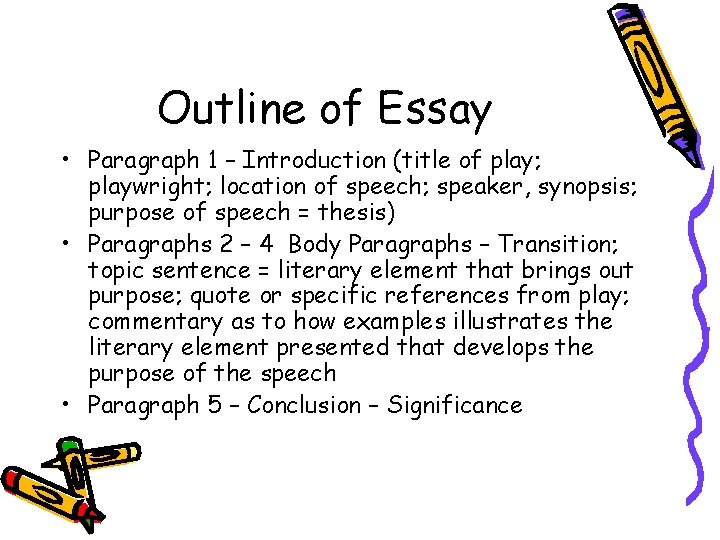 Outline of Essay • Paragraph 1 – Introduction (title of play; playwright; location of