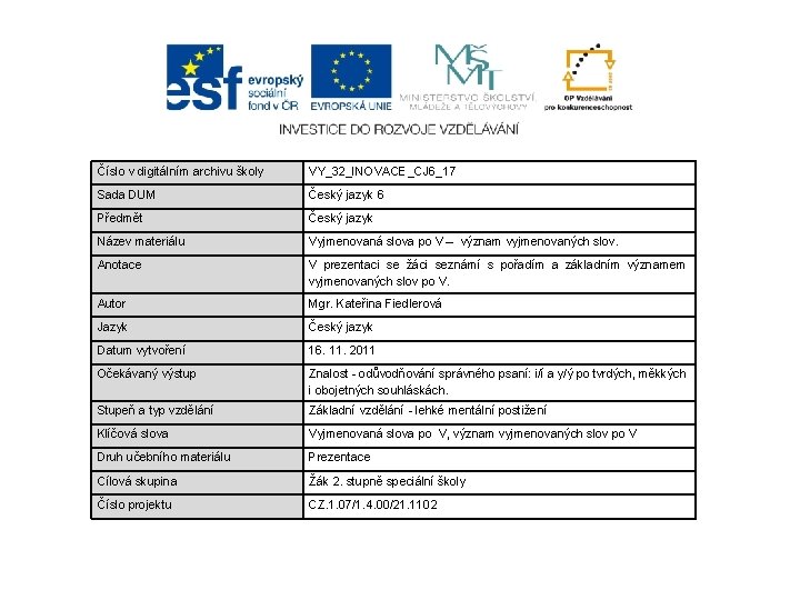 Číslo v digitálním archivu školy VY_32_INOVACE_CJ 6_17 Sada DUM Český jazyk 6 Předmět Český