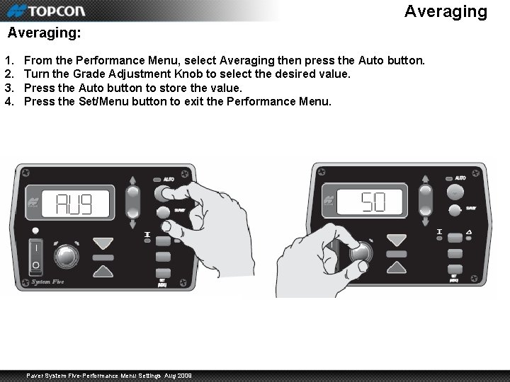 Averaging: 1. 2. 3. 4. From the Performance Menu, select Averaging then press the