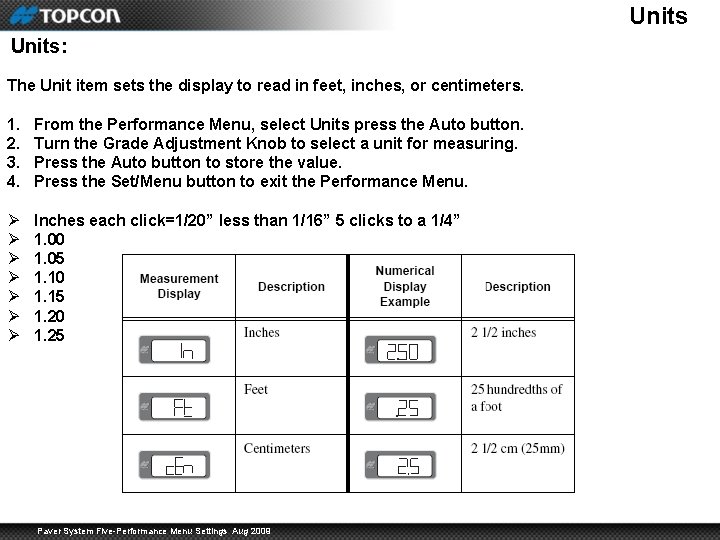 Units: The Unit item sets the display to read in feet, inches, or centimeters.