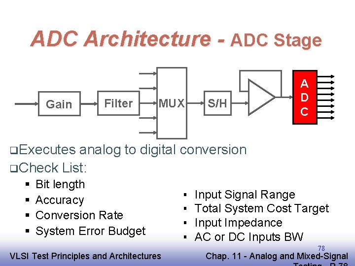 ADC Architecture - ADC Stage Gain Filter MUX S/H A D C q. Executes