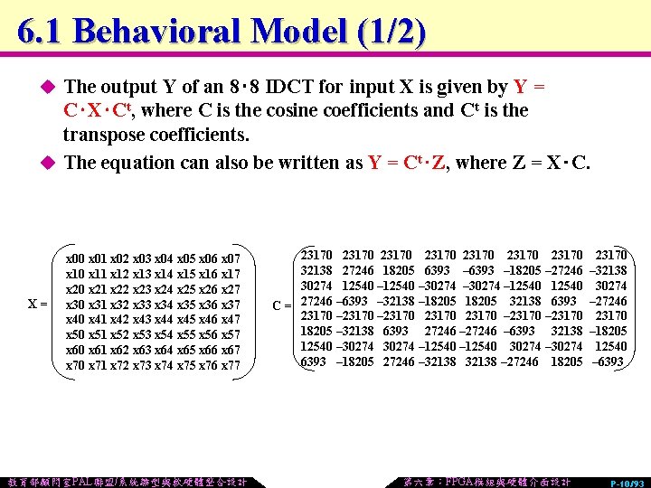 6. 1 Behavioral Model (1/2) u The output Y of an 8‧ 8 IDCT