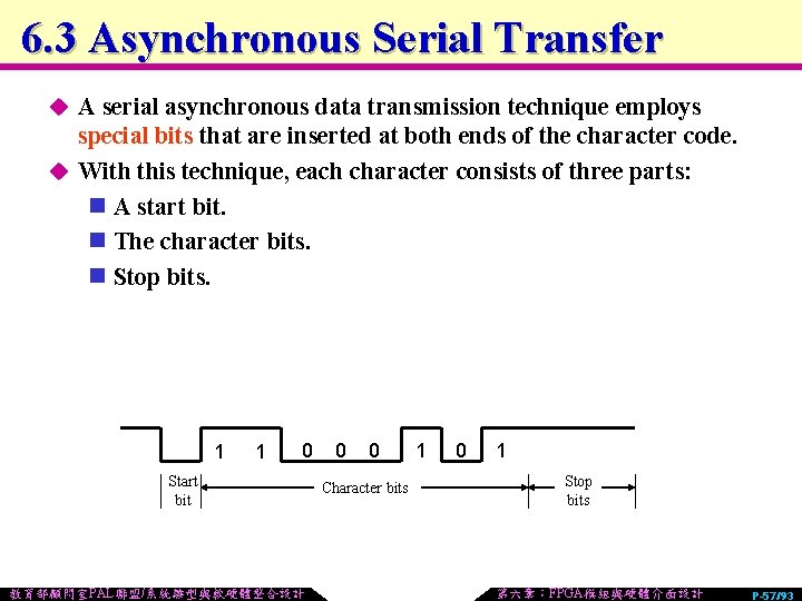 6. 3 Asynchronous Serial Transfer u A serial asynchronous data transmission technique employs special